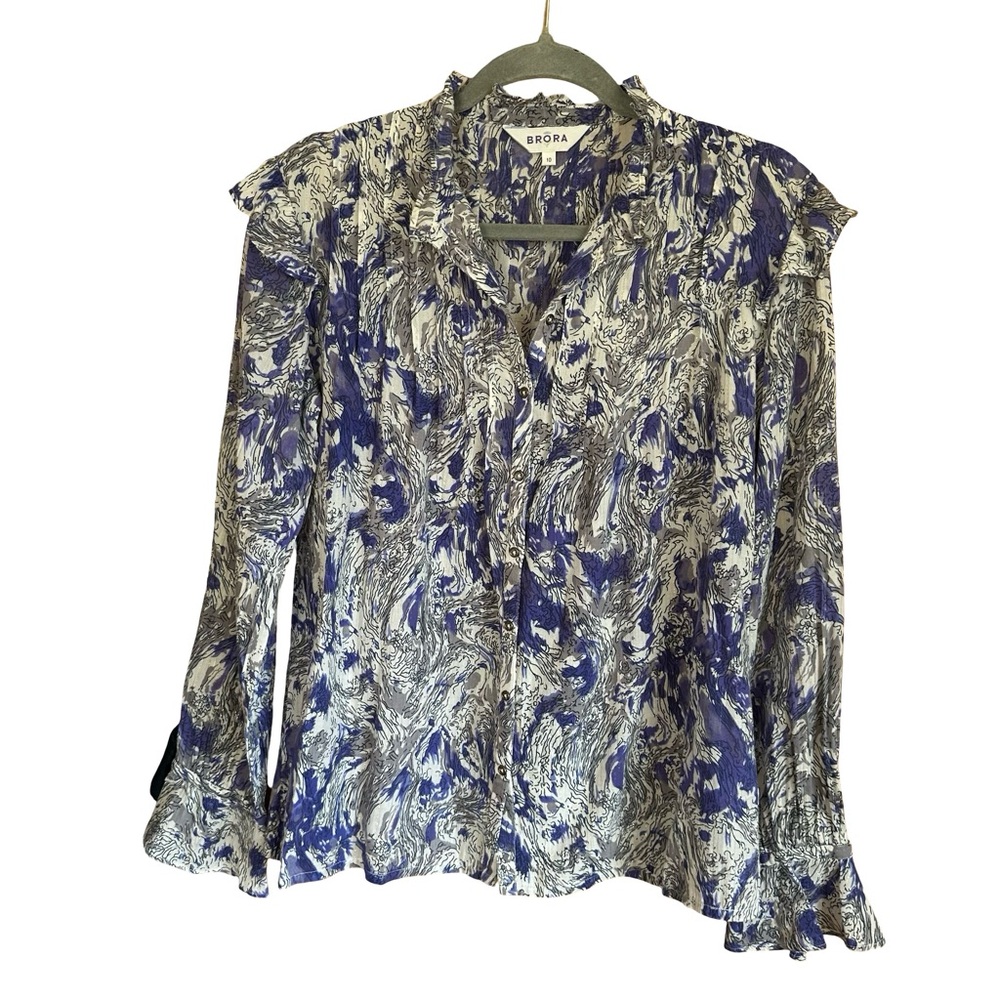 Brora Button Down Ruffle Sleeve Blouse Purple Cotton and Metallic Sz 10